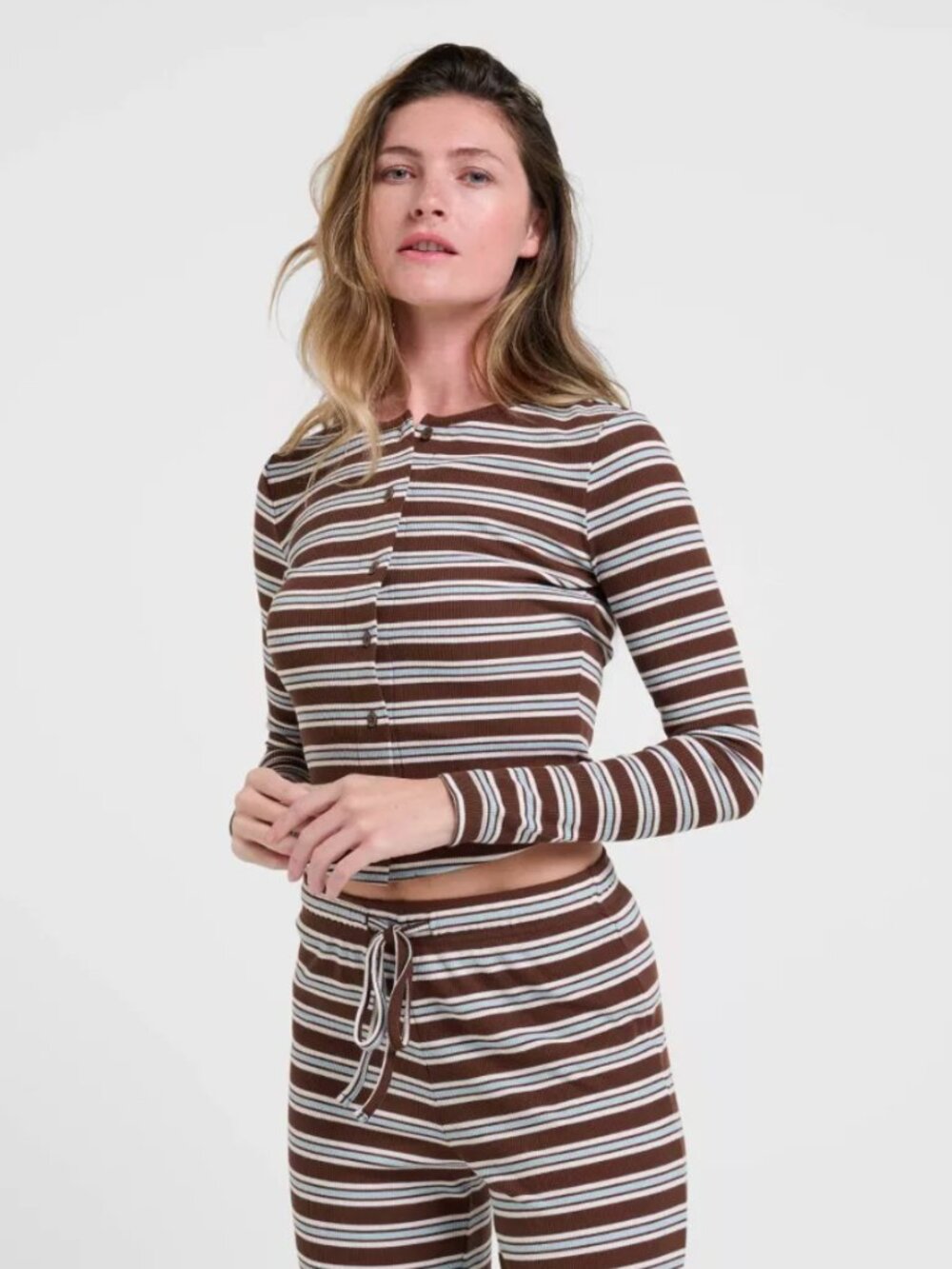 Women's dELiA*s Striped Knit Button-Down Shirt - Brown S